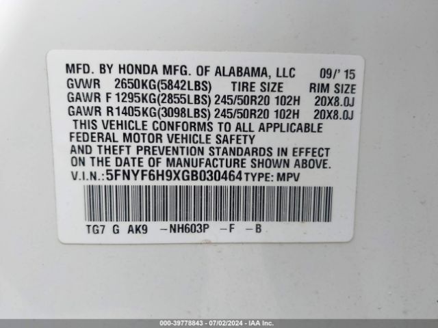 5FNYF6H9XGB030464 Honda Pilot Touring