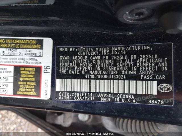 4T1BD1FK9EU133024 Toyota Camry Hybrid Le