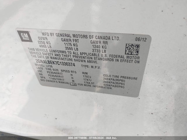 2012 Chevrolet Equinox Ls მანქანა იყიდება აუქციონზე, vin: 2GNALBEK7C1336374, აუქციონის ნომერი: 39778856