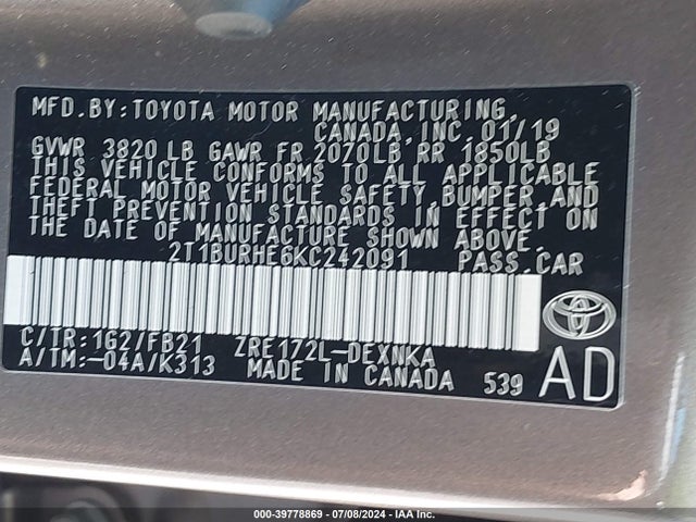Toyota COROLLA LE 2019 2T1BURHE6KC242091 Image 9