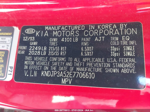 KIA SOUL + 2014 KNDJP3A52E7706610 Image 9