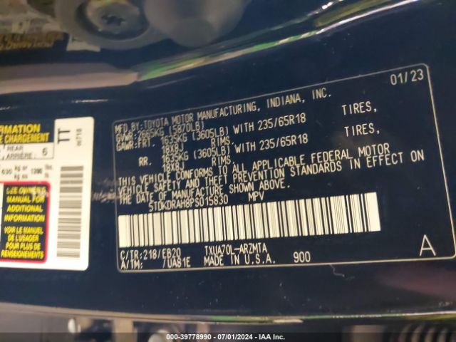 5TDKDRAH8PS015830 Toyota Highlander Xle