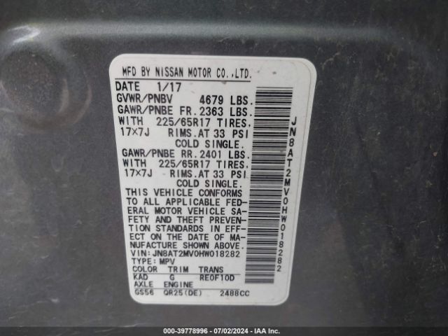 JN8AT2MV0HW018282 Nissan ROGUE SV
