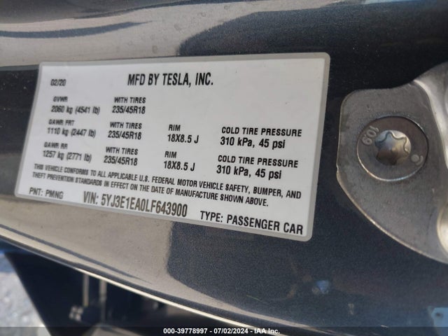 5YJ3E1EA0LF643900 Tesla Model 3 Standard Range Plus Rear-wheel Drive/standard Range Rear-wheel Drive