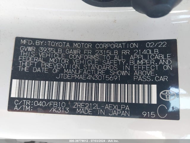 Toyota COROLLA LE 2022 JTDEPMAE4N3015691 Image 9