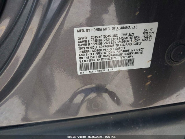 Honda Pilot Ex-l 2017 5FNYF5H8XHB033125 Image 9