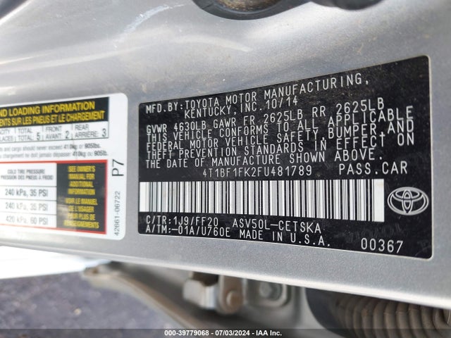 Toyota CAMRY SE 2015 4T1BF1FK2FU481789 Image 9