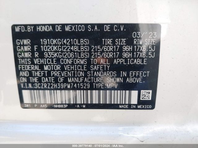 3CZRZ2H39PM741529 Honda Hr-v Awd Lx
