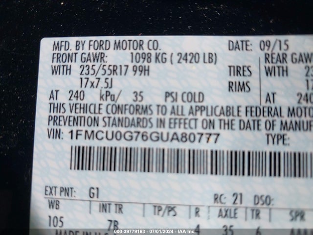 Ford ESCAPE SE 2016 1FMCU0G76GUA80777 Image 9
