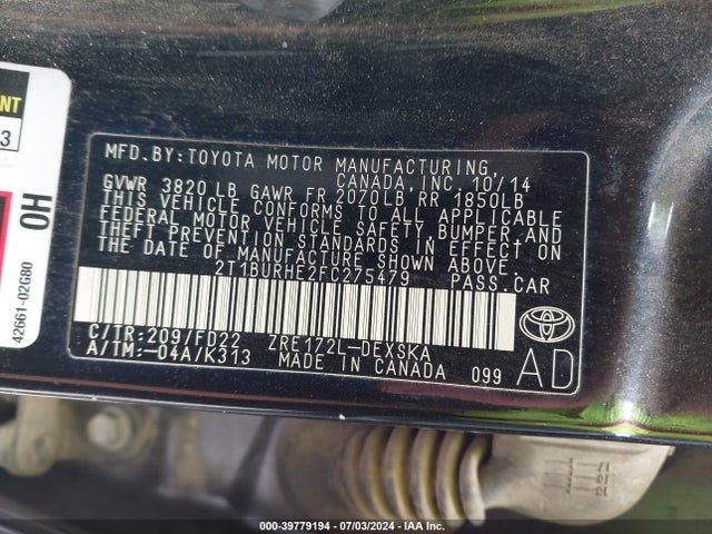 Toyota Corolla S Plus 2015 2T1BURHE2FC275479 Image 9