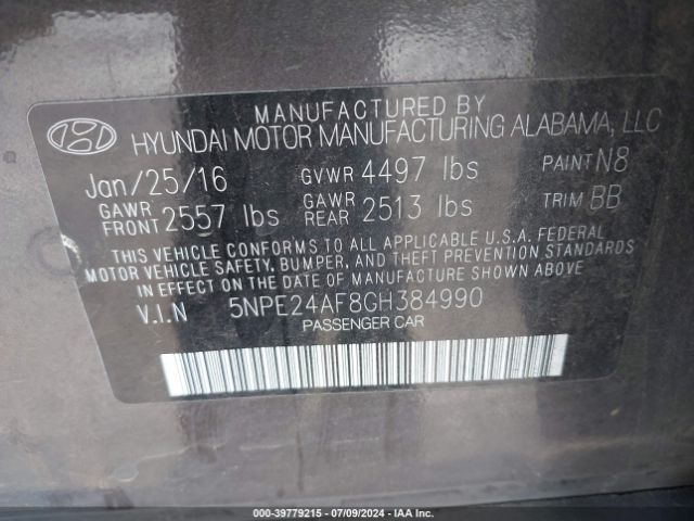 5NPE24AF8GH384990 Hyundai SONATA SE