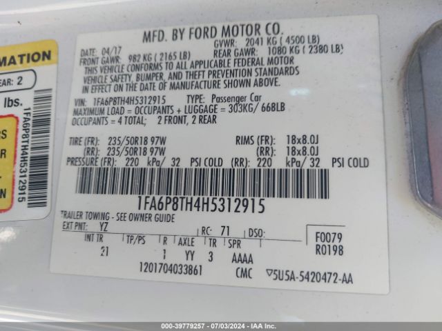 1FA6P8TH4H5312915 Ford Mustang Ecoboost