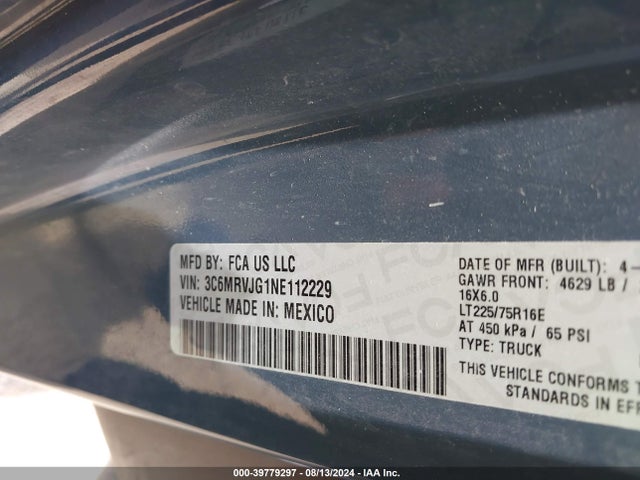 3C6MRVJG1NE112229 RAM Promaster 3500 Cargo Van High Roof 159 Wb Ext