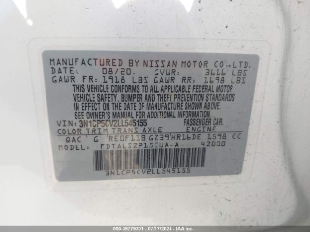 3N1CP5CV2LL545155 Nissan Kicks Sv Xtronic Cvt