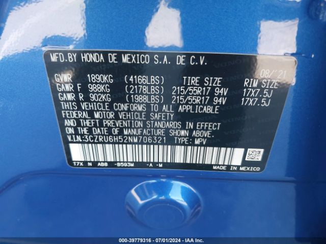 3CZRU6H52NM706321 Honda Hr-v Awd Ex