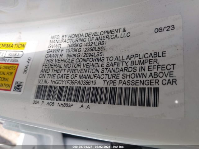 1HGCY1F39PA038619 Honda ACCORD EX
