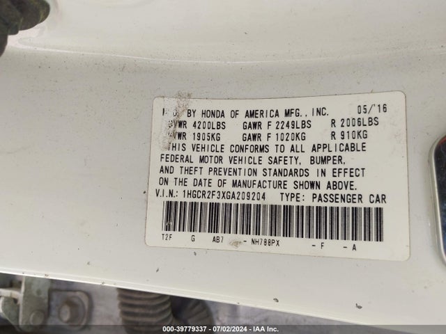 Honda ACCORD LX 2016 1HGCR2F3XGA209204 Image 9