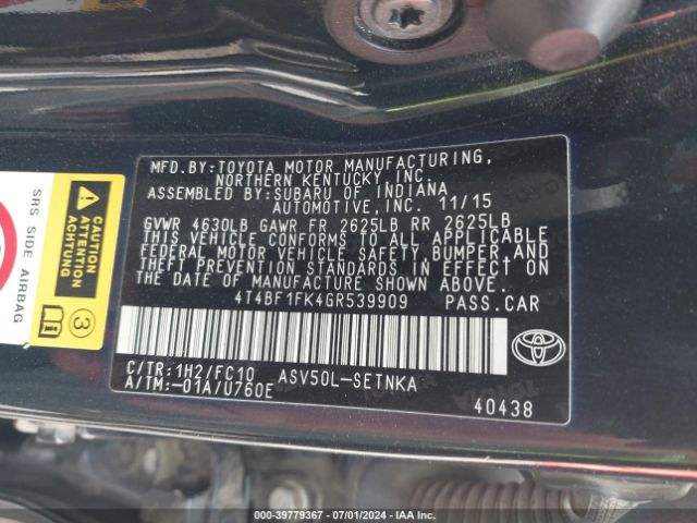 4T4BF1FK4GR539909 Toyota CAMRY LE