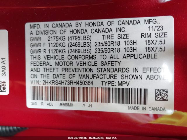 2HKRS4H73RH450364 Honda Cr-v Ex-l Awd