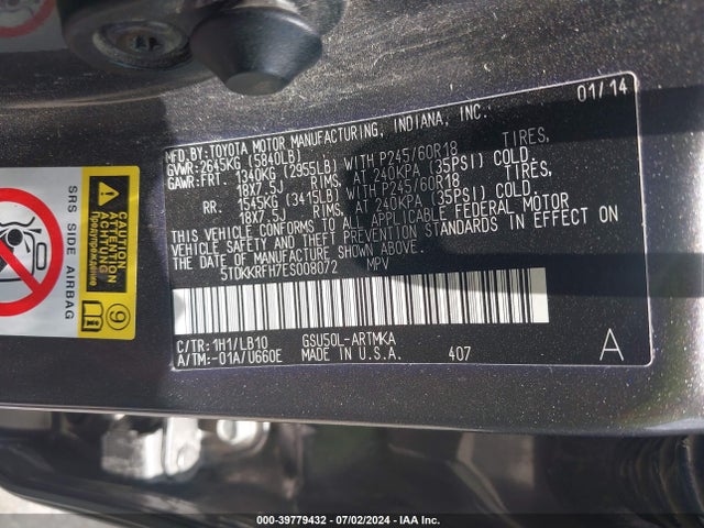Toyota Highlander Xle V6 2014 5TDKKRFH7ES008072 Image 9