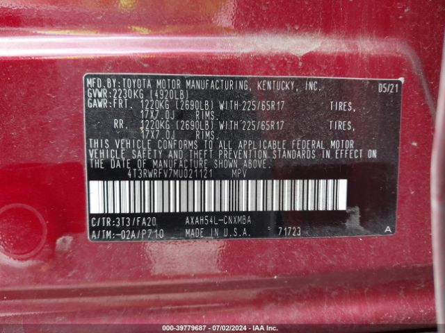 4T3RWRFV7MU021121 Toyota Rav4 Hybrid Xle