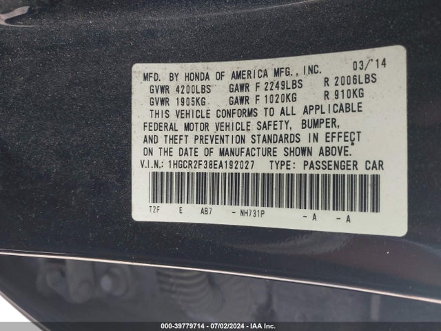Honda ACCORD LX 2014 1HGCR2F38EA192027 Image 9