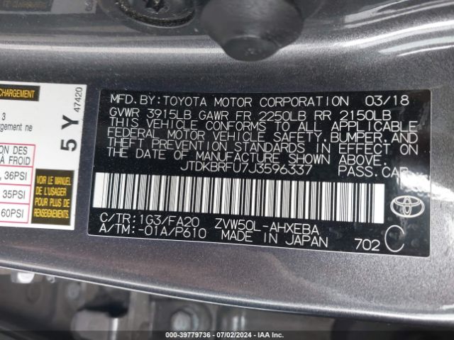 JTDKBRFU7J3596337 Toyota Prius Two