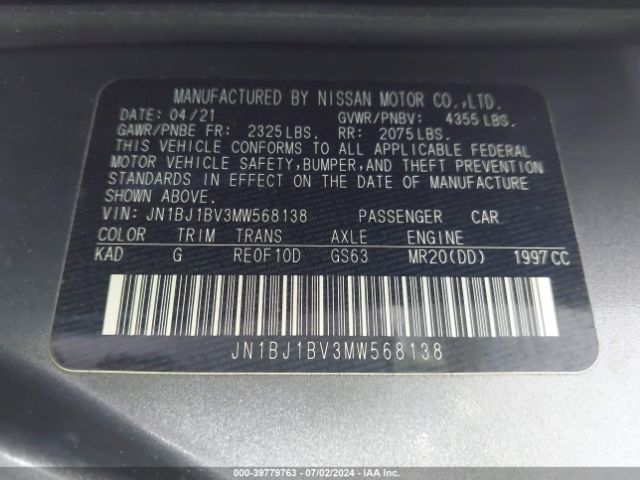 JN1BJ1BV3MW568138 Nissan Rogue Sport Sv Fwd Xtronic Cvt