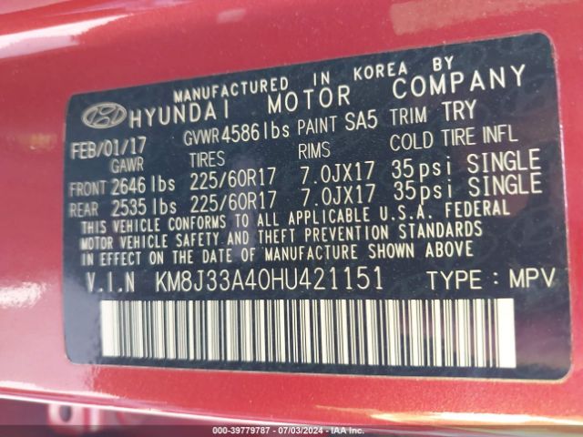 KM8J33A40HU421151 Hyundai TUCSON SE