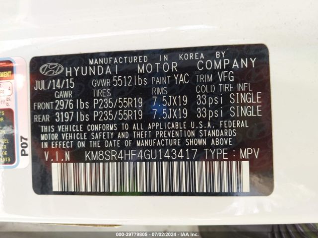 KM8SR4HF4GU143417 Hyundai Santa Fe Limited