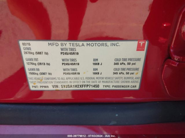 5YJSA1H2XFFP71450 Tesla Model S 70d/85d/p85d
