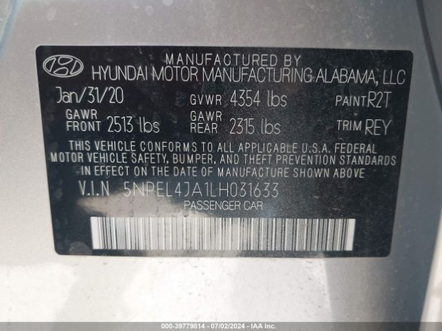 5NPEL4JA1LH031633 Hyundai SONATA SEL