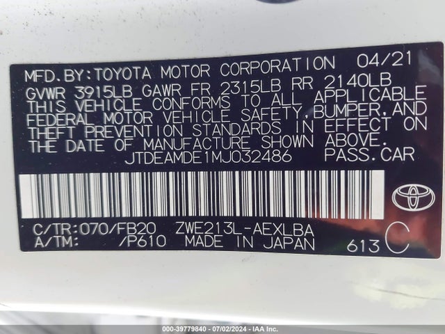 Toyota Corolla Hybrid Le 2021 JTDEAMDE1MJ032486 Image 9
