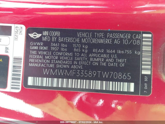 2009 MINI COOPER WMWMF33589TW70865 Photo 8