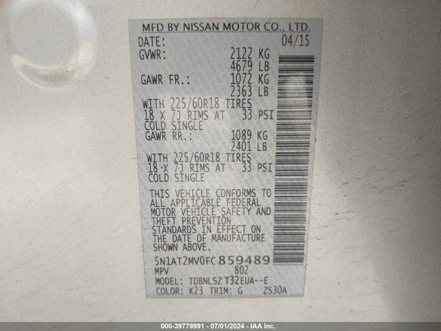 Nissan Rogue Sl 2015 5N1AT2MV0FC859489 Image 9
