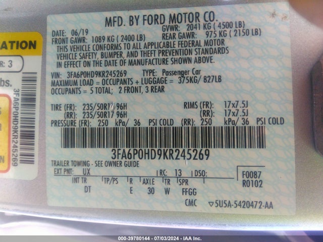 Ford FUSION SE 2019 3FA6P0HD9KR245269 Image 9