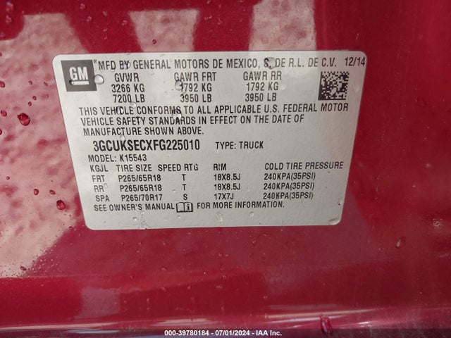 Chevrolet Silverado 1500 1lz 2015 3GCUKSECXFG225010 Image 9