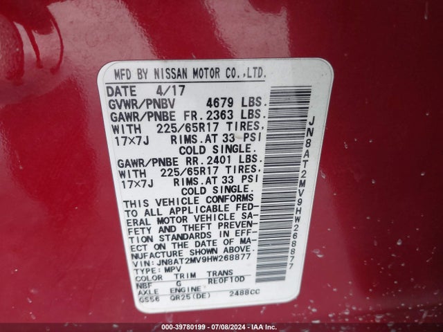 Nissan ROGUE SV 2017 JN8AT2MV9HW268877 Image 9