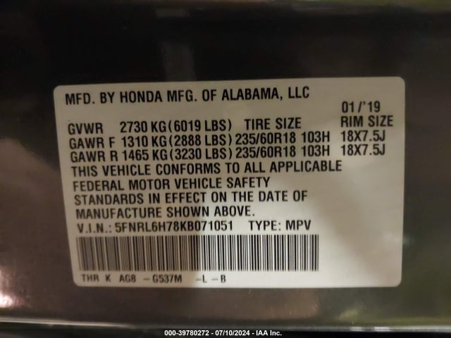 Honda Odyssey Ex-l 2019 5FNRL6H78KB071051 Image 9