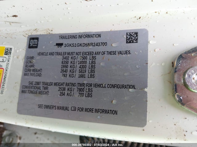 1GKS1GKD5NR243700 GMC Yukon Xl 2wd Slt