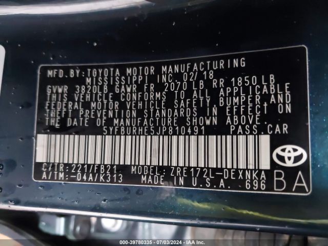 5YFBURHE5JP810491 Toyota COROLLA LE