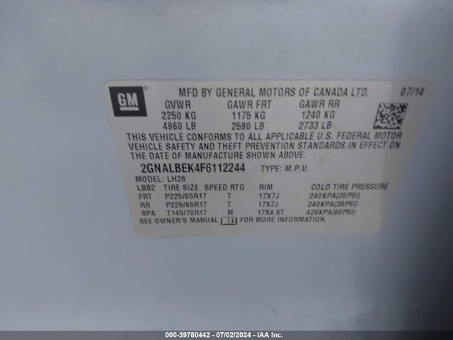 Chevrolet EQUINOX 1LT 2015 2GNALBEK4F6112244 Image 9