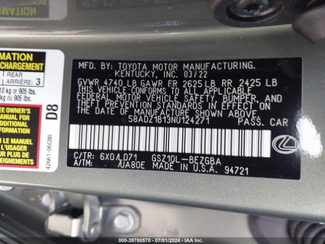 58ADZ1B13NU124271 Lexus ES 350