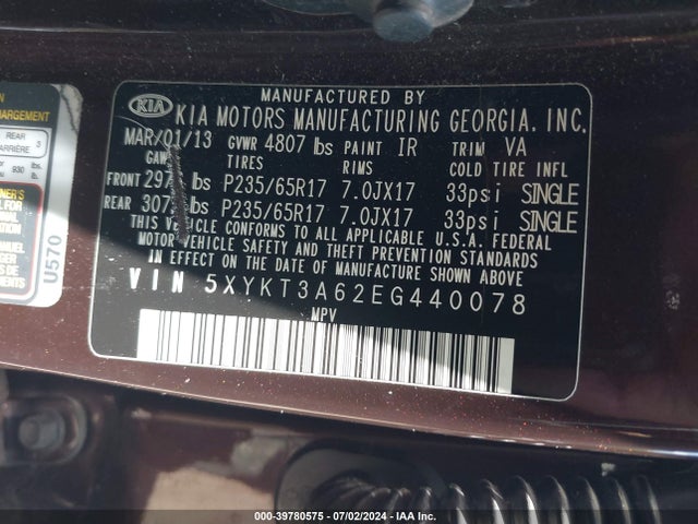 KIA SORENTO LX 2014 5XYKT3A62EG440078 Image 9