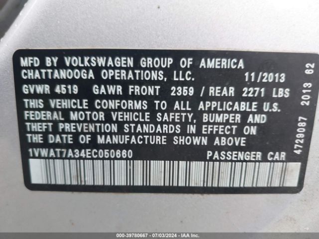 1VWAT7A34EC050660 Volkswagen Passat 1.8t S