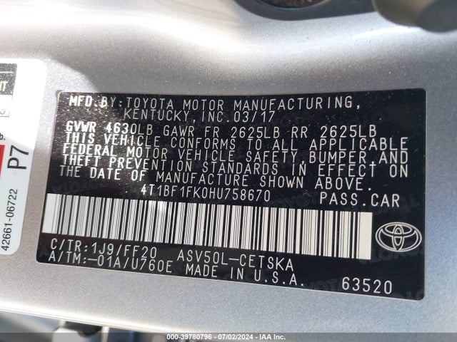 Toyota CAMRY SE 2017 4T1BF1FK0HU758670 Image 9