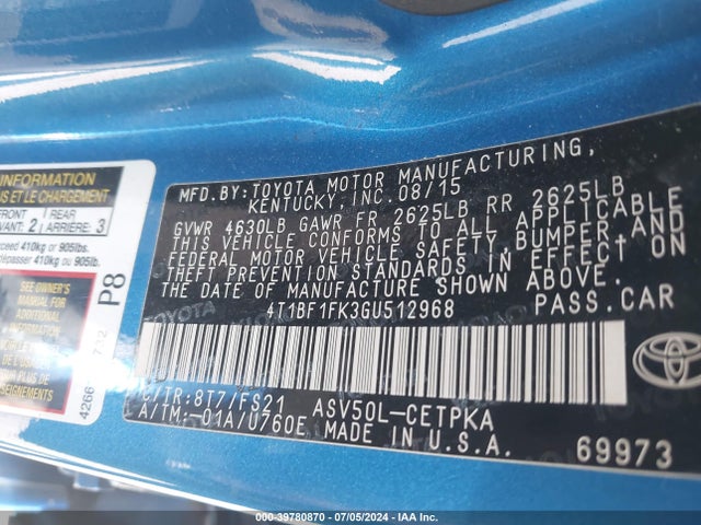 Toyota CAMRY SE 2016 4T1BF1FK3GU512968 Image 9