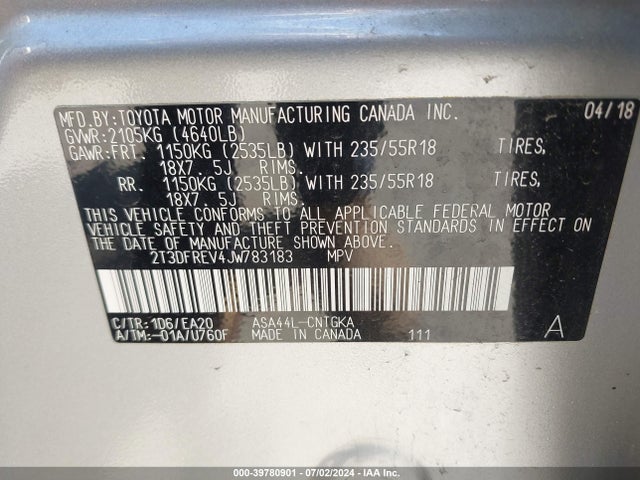 2T3DFREV4JW783183 Toyota Rav4 Platinum