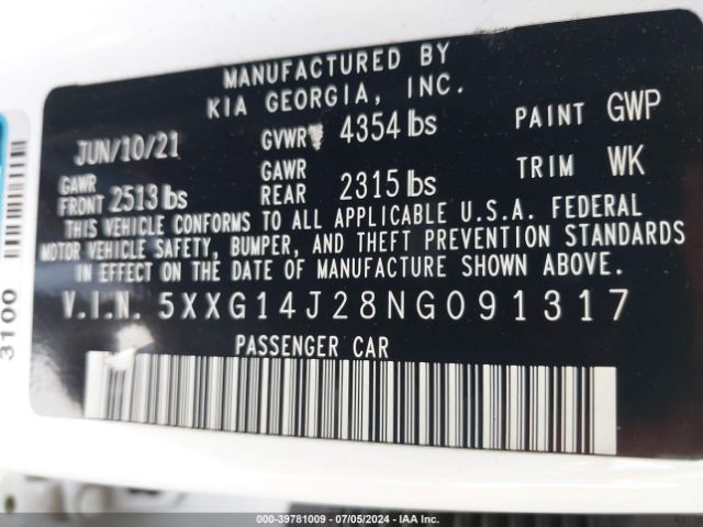 5XXG14J28NG091317 KIA K5 LXS