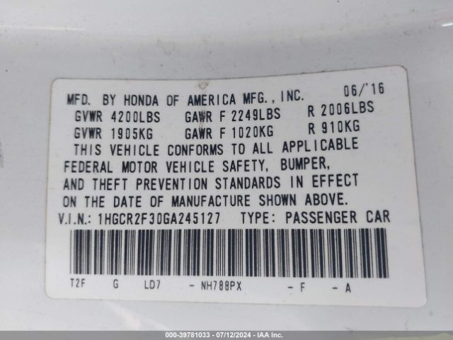 1HGCR2F30GA245127 Honda ACCORD LX